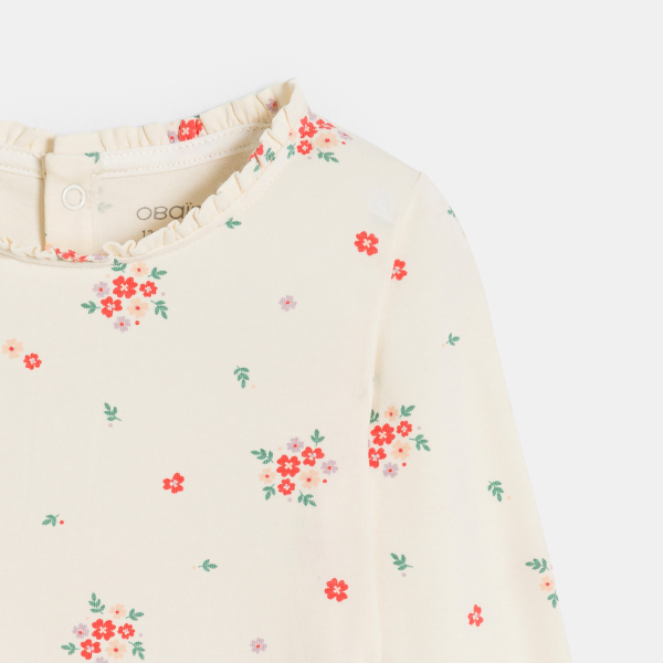 تيشيرت قطن واسع مضلع بطبعة الزهور باللون الأبيض للفتيات الصغيرات